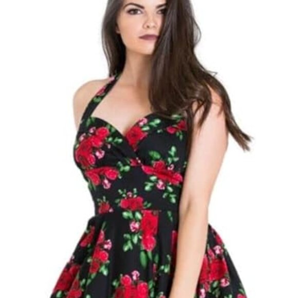 XLarge NWT Hell Bunny Cannes Retro Gothic Floral Rose Halter Dress Hot Topic - Picture 2 of 9